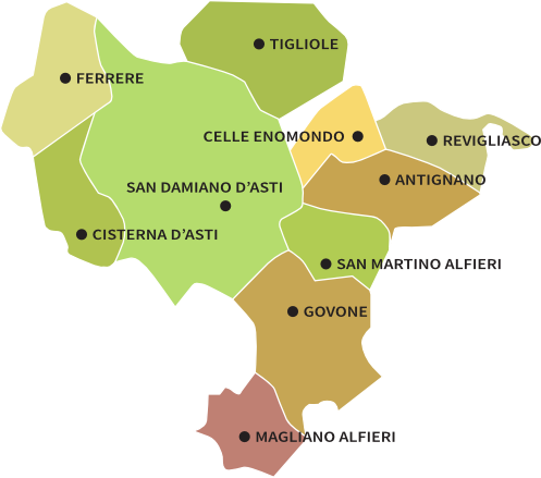 Mappa dei comuni di Tigliole, Celle enomondo, Revigliaasco, Antignano, San Martino Alfieri, Govone, Priocca, Magliano Alfieri, San Damiano d'Asti, Ferrere,  Cisterna d'Asti
